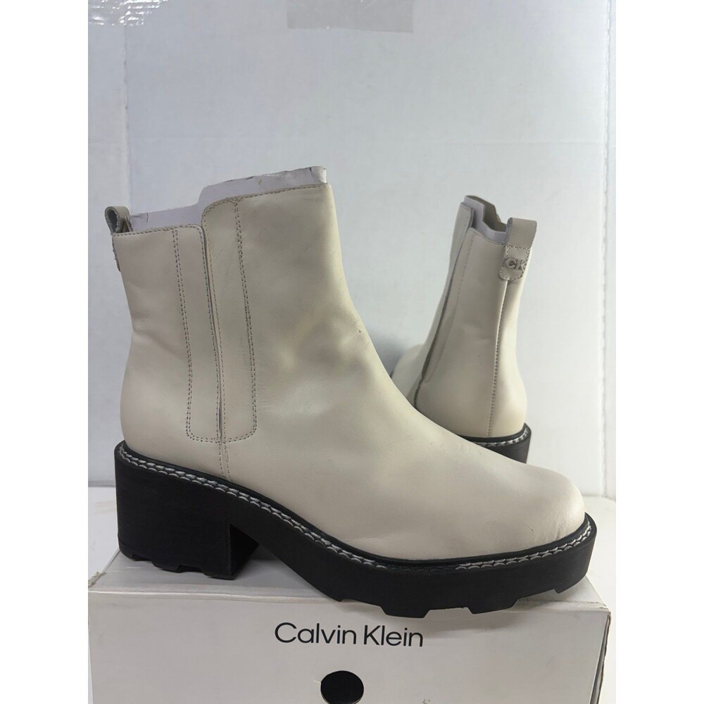 Calvin Klein Women's Amina Leather Block Heel Chelsea Boots Chic Cream Size 11M